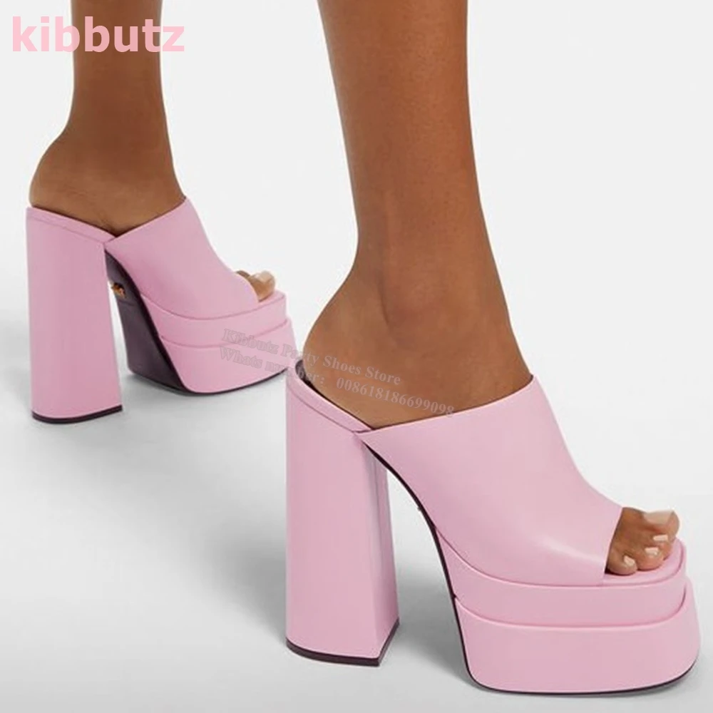 Sandal Platform sepatu hak tebal ujung persegi Slip-On kulit asli warna polos mode elegan seksi Super tinggi sepatu wanita