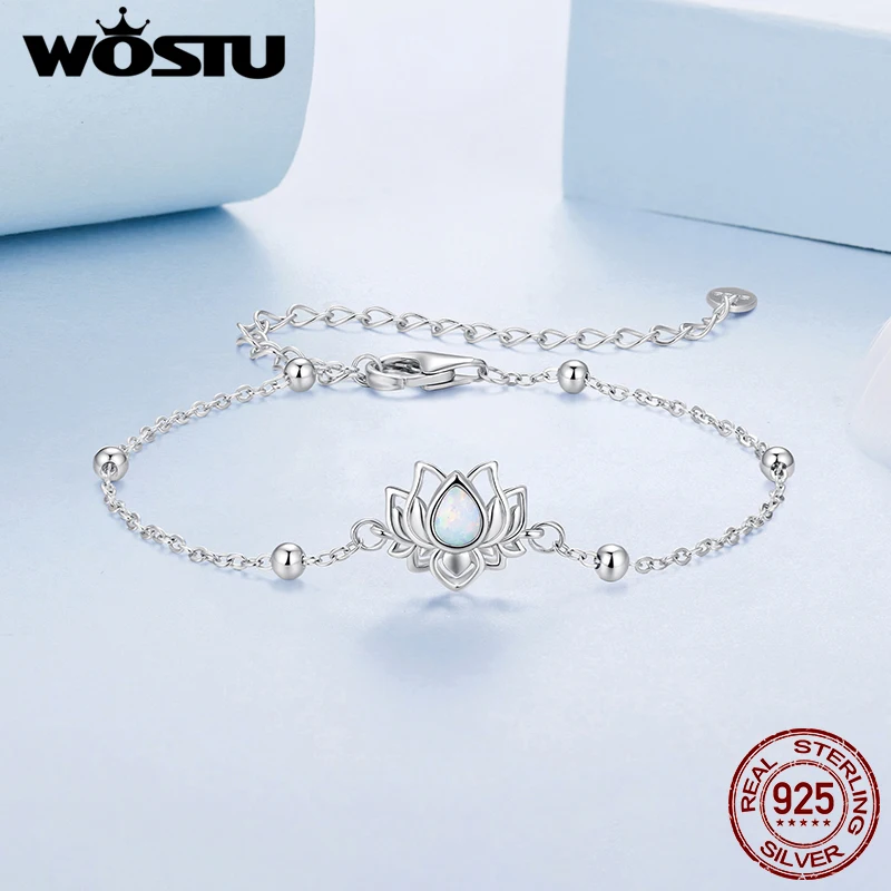 

​ ​ WOSTU браслет-цепочка из стерлингового серебра 925 пробы с бусинами лотоса для женщин, регулируемый кулон с белым опалом, ювелирные изделия для йоги, медитации, Gi