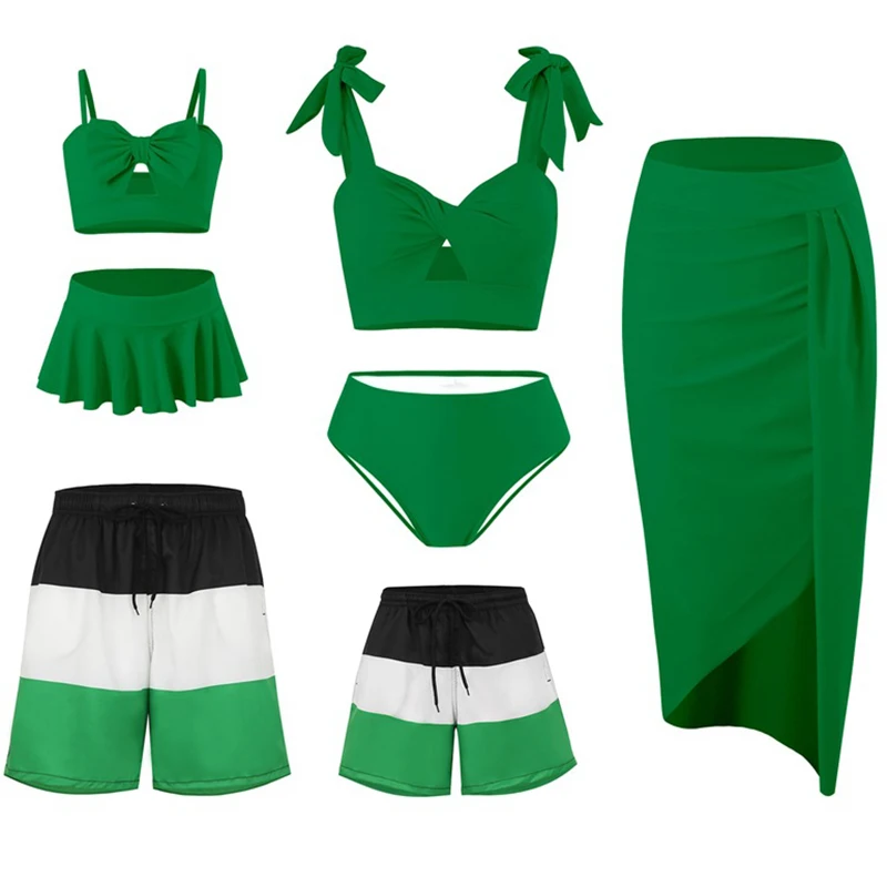 2024 New Summer Family Matching Swimsuit Green Bikini Swimwear Mother and Daughter Kids Family Look Swimming 3PCS