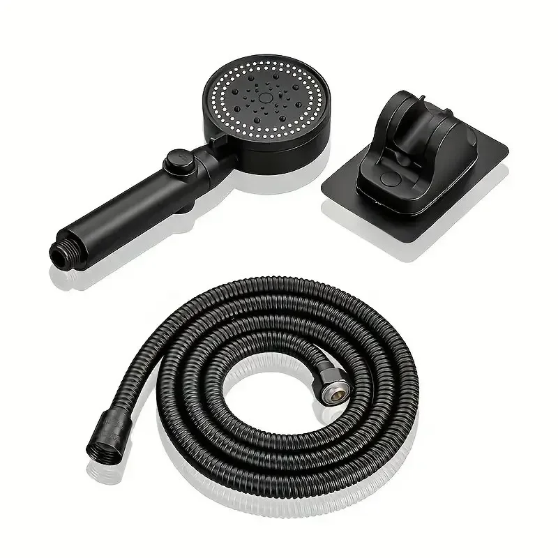 3pcs Adjustable Black Shower Head, High Pressure Water Saving Shower Head With 5 Modes+Wall Mounted Bracket+Hose