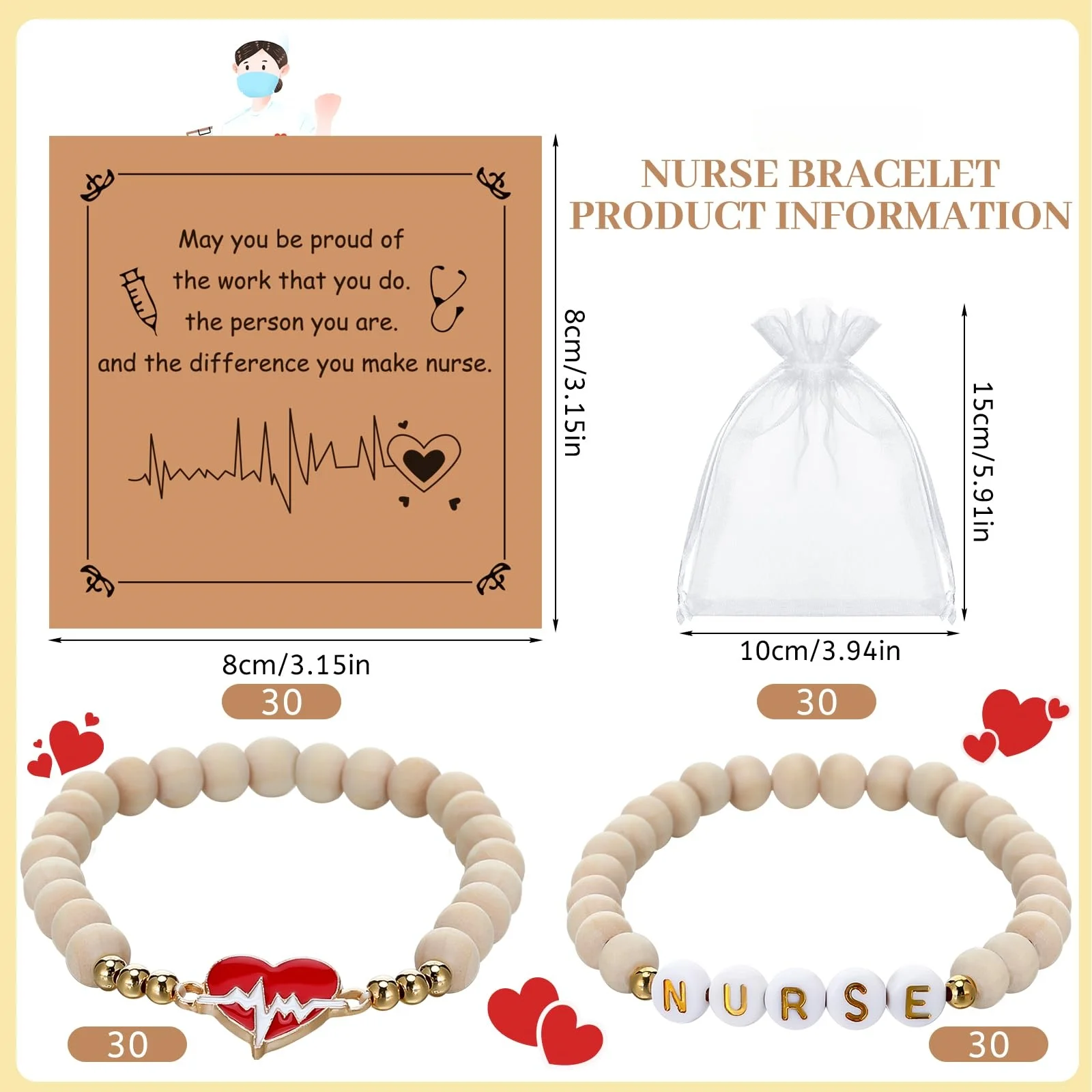 20 Set Nurse Graduation Gifts Bulk Beaded Bracelets Nurses Appreciation Gifts with Blessing Cards Bags Nursing Graduation Party