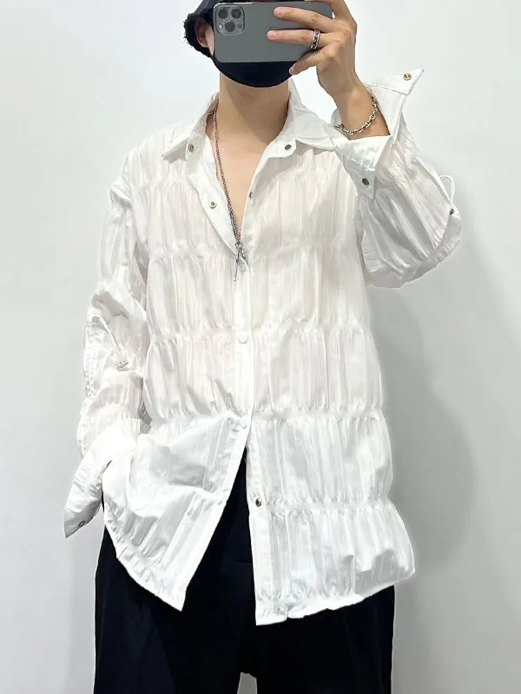 Gothic Design Mens Pleated Casual Shirt Harajuku Loose Fit Long Sleeve Work Cargo Tops Single Breasted Oversized Party Shirts