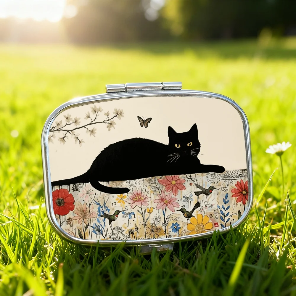 Black Cat, Floral, and Butterfly-Shaped Personal Pill Box, with a Pastoral Spring Flower Design, Includes a Small Mirror, Portable Dual-Compartment Storage, a Travel Organizer, a Gift for Cat Lovers and Women