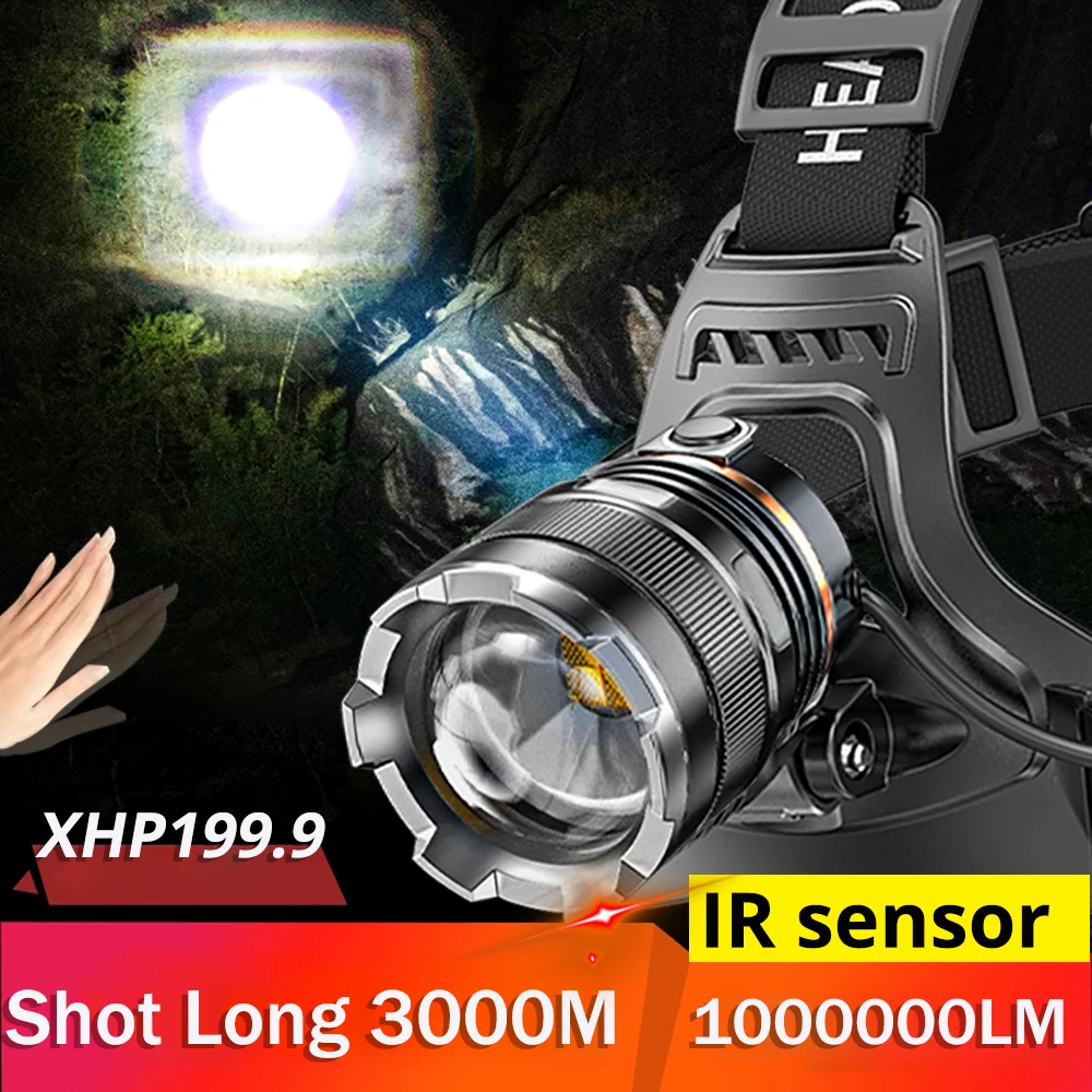 USB Recarregável LED Farol Sensor, Farol, Lanterna, Lâmpada de cabeça, Tocha, Luz, Tiro, Longo, 3000m, XHPFePO9, 5T6, 88000000LM