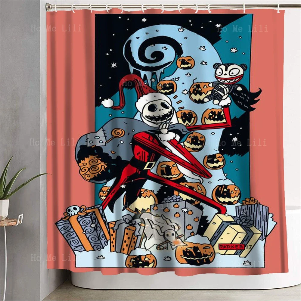 Christmas Eve Horror Terrifying Halloween Jack-O '-Lantern Spiral Track With Racing Cars And Magician Skeletons Shower Curtain