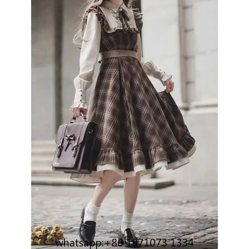 Fake Two-Piece Dress for Women Long Skirt Slim Fit Waist Cinching Vintage Lolita Plaid Bow New Korean Style Fashion Winter 2024