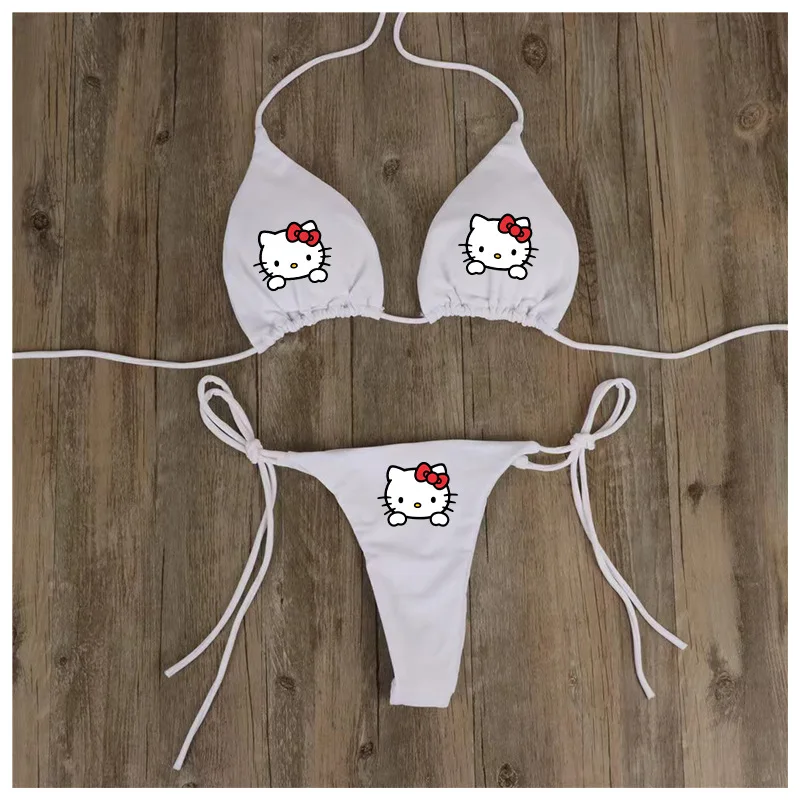 Kawaii Hellokitty Print Swimsuit Women Two Piece Bikini Set Cute Girl Sexy Adjustable Underwear Bra Thong Girls Beachwear Summer