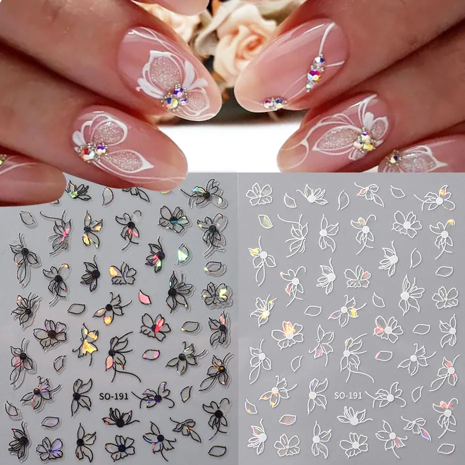 2pcs 3D Laser Black White Flower Decals Abstract Stripe Blossom Petals Design Stickers Adhesive Shinny Floral Manicure Slider