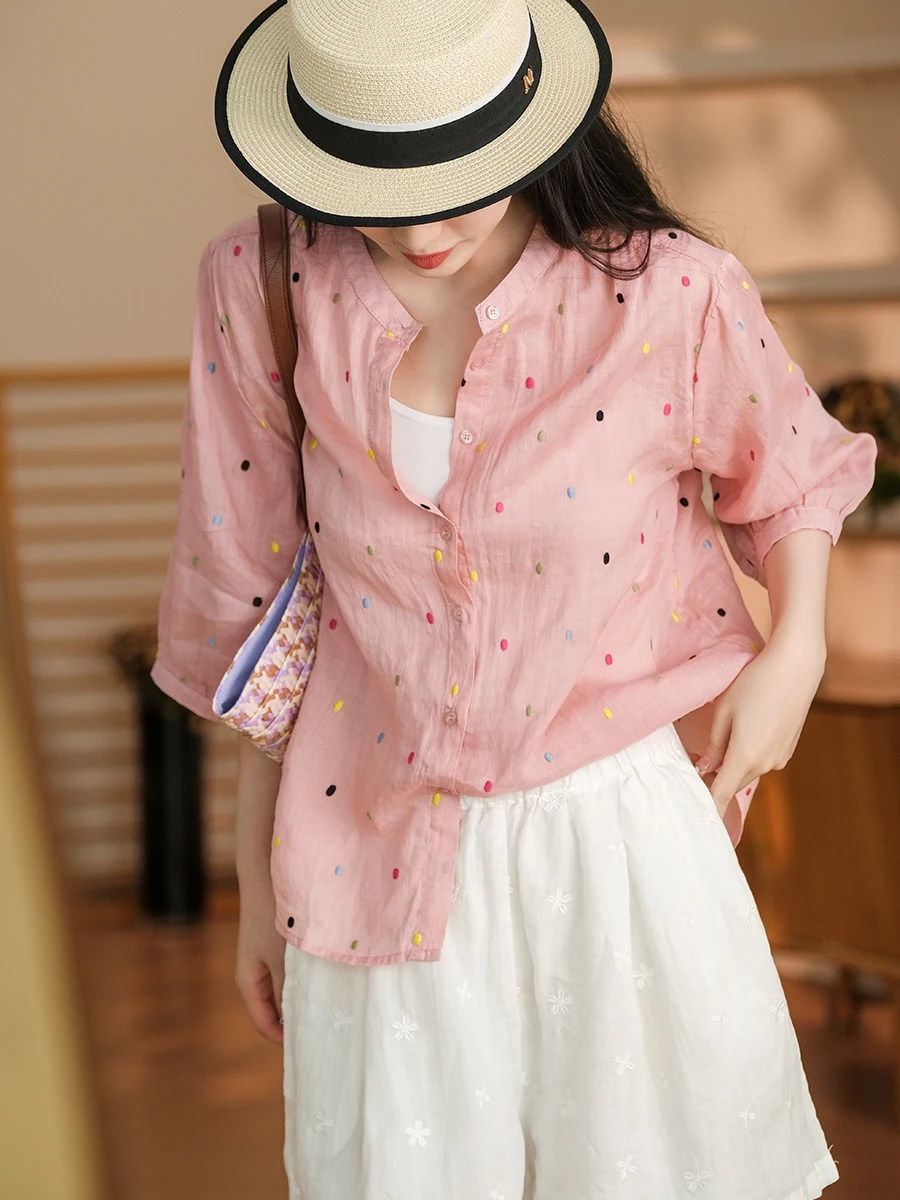 

Dot Flax irt 42 Pieces Turned over Color Ptte Sweet Bean Good Mood Loose Fit Button up Summer Faion Ladies' C...