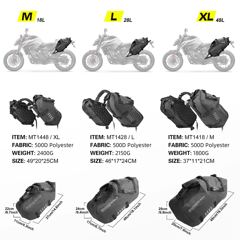 Rhinowalk Motorcycle Saddle Bag 100% Waterproof 2 Pcs Set Side Bags 18l/28l/48l Pannier Universal Fit Motor Without Side Rack