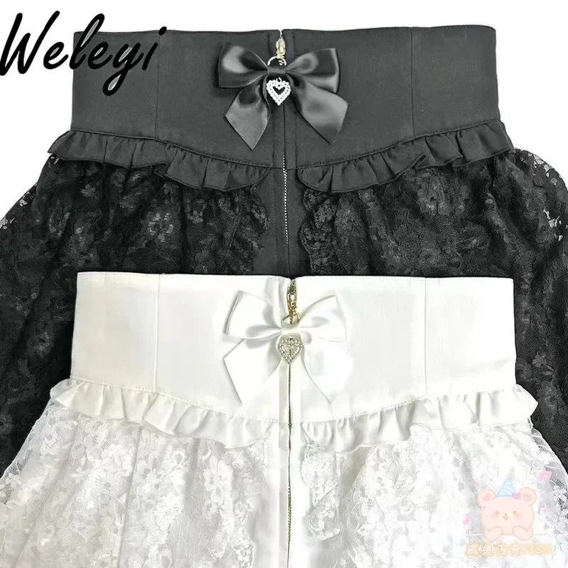 Japanese Style Lace Bow White Skirt Summer Ropa De Mujer Mine Series Mass Produced Sweet All Matching Zipper Faldas Para Mujeres