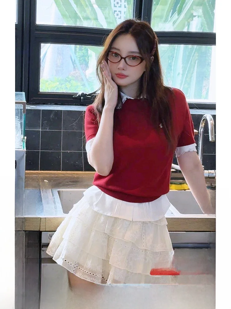 

LulusMiracle Miu Style College Girl Short Sleeve Cake Skirt Anti-Aging Set Women's Fashion Summer Outfit Three-Piece Suit