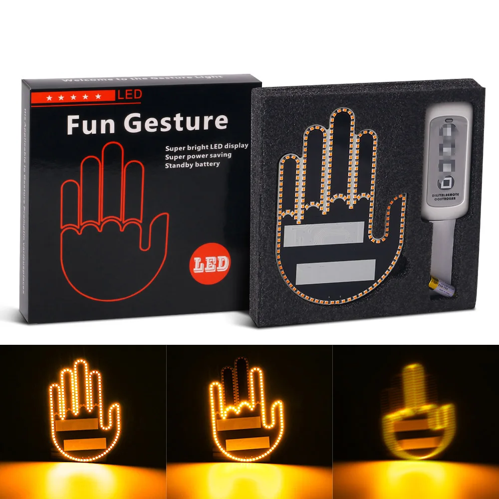 LED Car Finger Light Middle Finger RGB Gesture Light Cool Funny USB Car Interior Light Yellow Car Accessories with Remote 12V