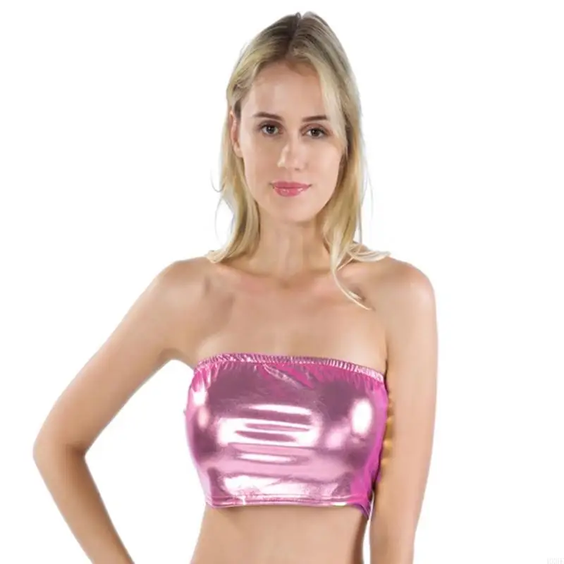 HX6F Fashion Sparkly Metallic Sexy Strapless Crop Tube Top for Women Sleeveless Backless Skinny Bandeau Bustier Vest Clubwear