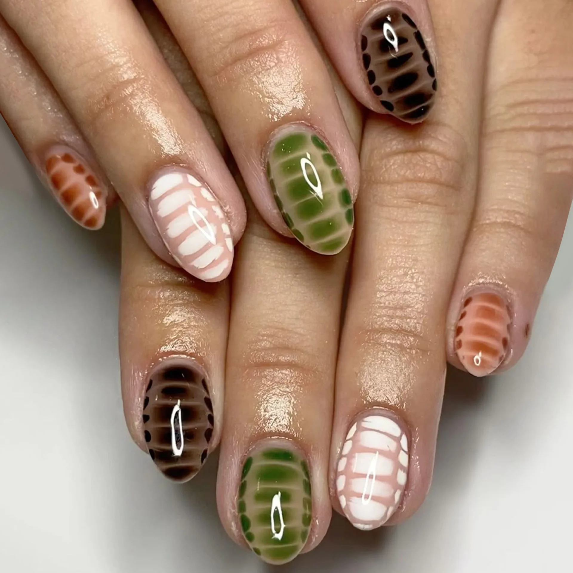 Dopamine Press on Nails Alligator Print Almond Press on Nails Almond False Nails Colorful French False Nails French Almond Nail