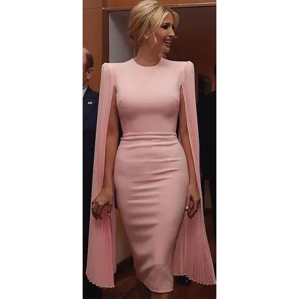 Tinh Tế Vỏ Đầm Ivanka Trump Khoác Áo Tay Dài Vai Mũi Ngọc Cổ Áo Tròn Trà Chiều Dài Dạ Hội Đầm Vestido Rosa