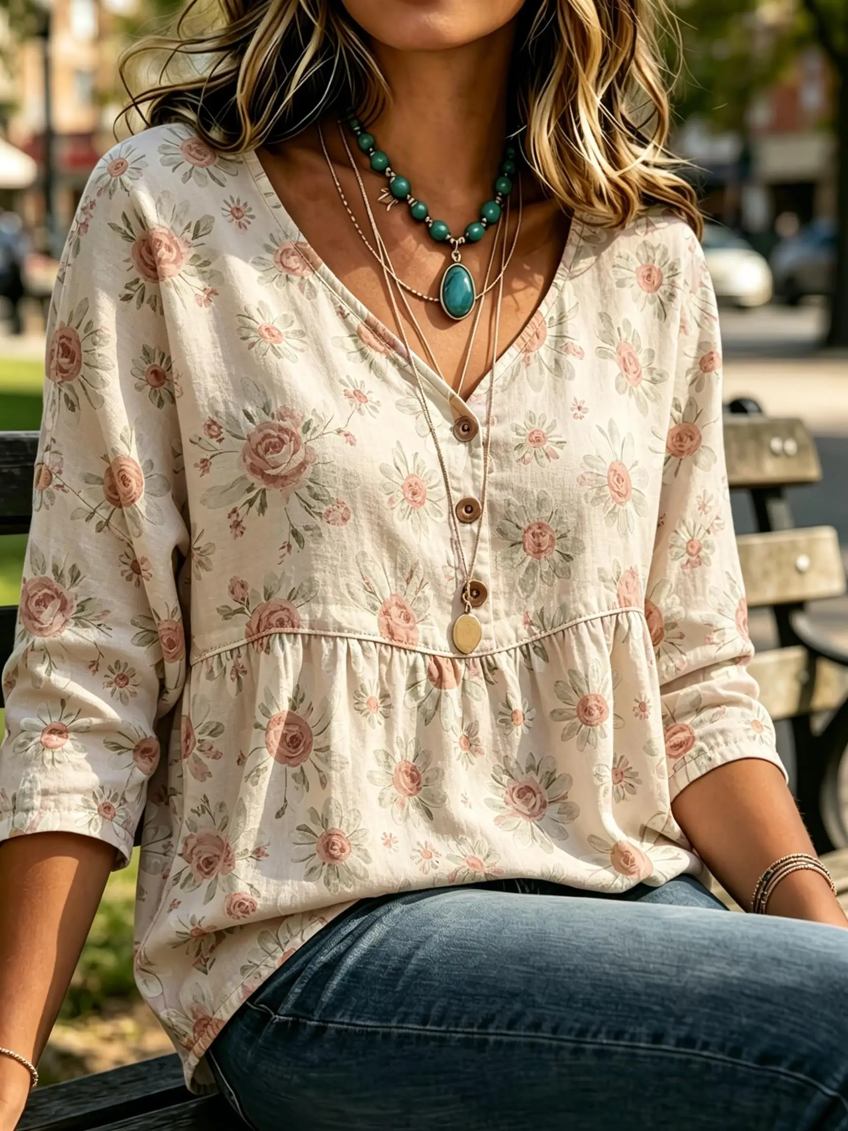 Women Vintage Flower  Print V Neck Half Button 3/4 Sleeve Peplum Blouse Loose Babydoll Casual Daily Top