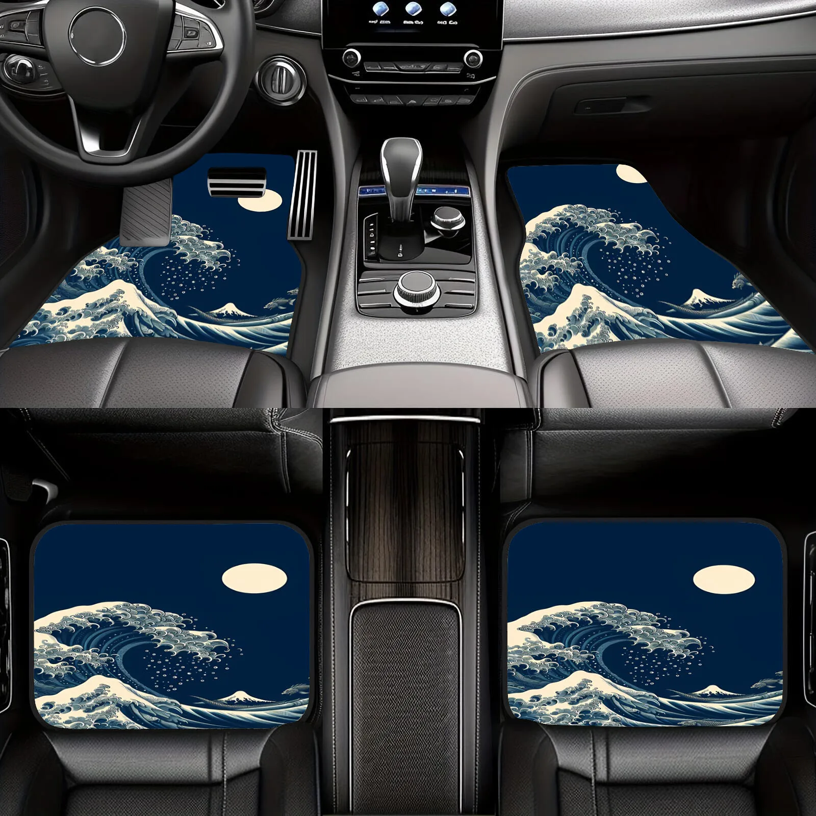 Set Of 4 Japanese Wave Design All-Weather Floor Mats - Suitable For Cars, Trucks, And Suvs - Durable And Easy To Clean Vehicle F