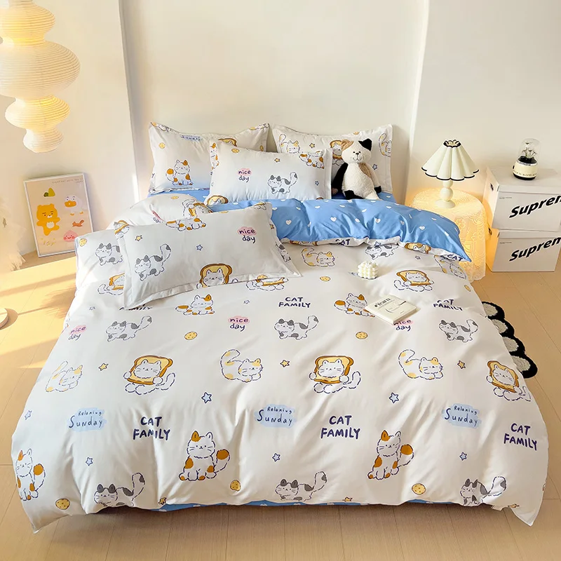 Cute Cat Duvet Cover Cartoon Kitten Bedding Set for Kids Men Women, Kawaii Cats Modern Printed Duvet Cover with Zipper Closure