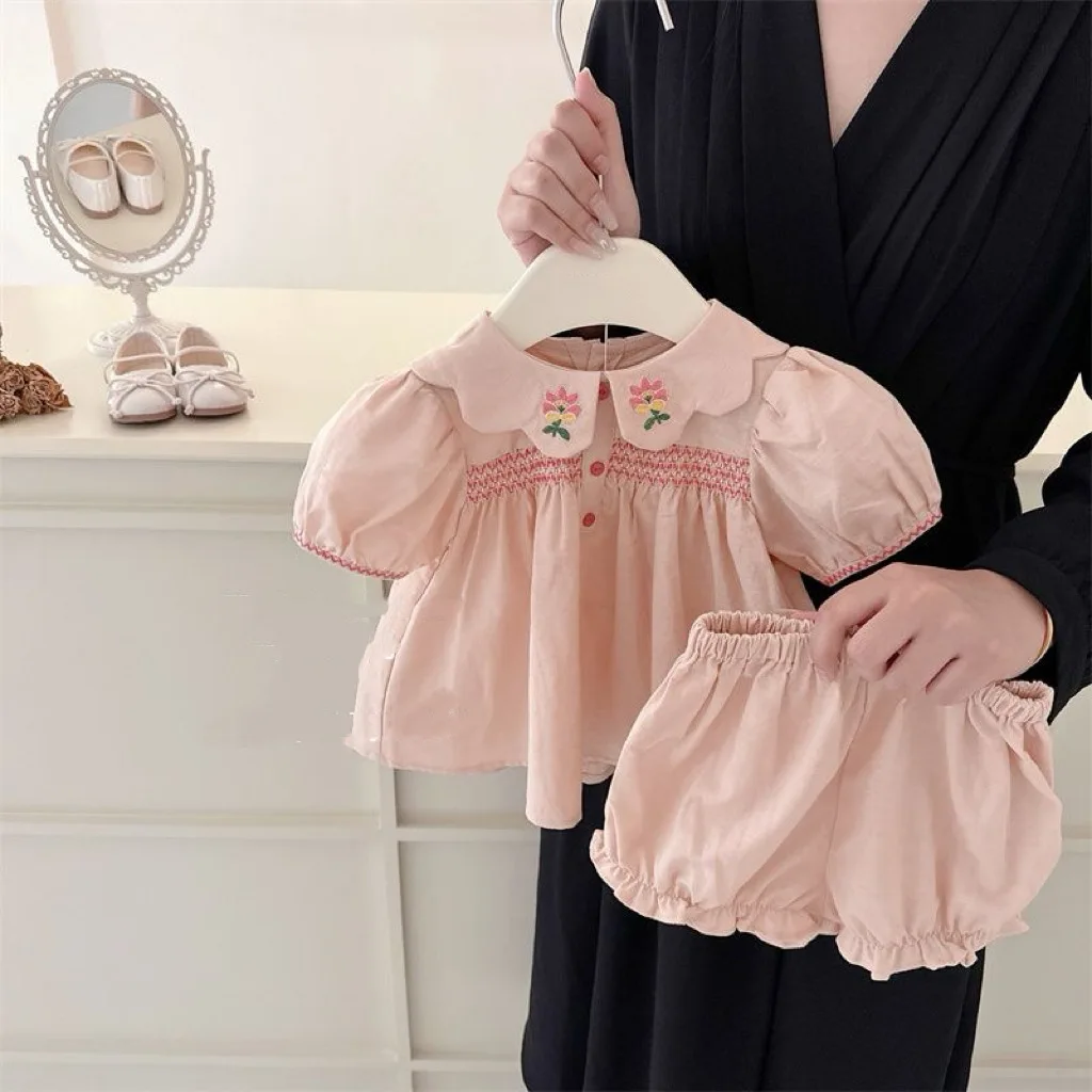 

Sweet Girls' Clothing Sets 2025 Summer Cute Pink Set for Baby Girls Stylish Embroidered Doll Collar Top+Shorts