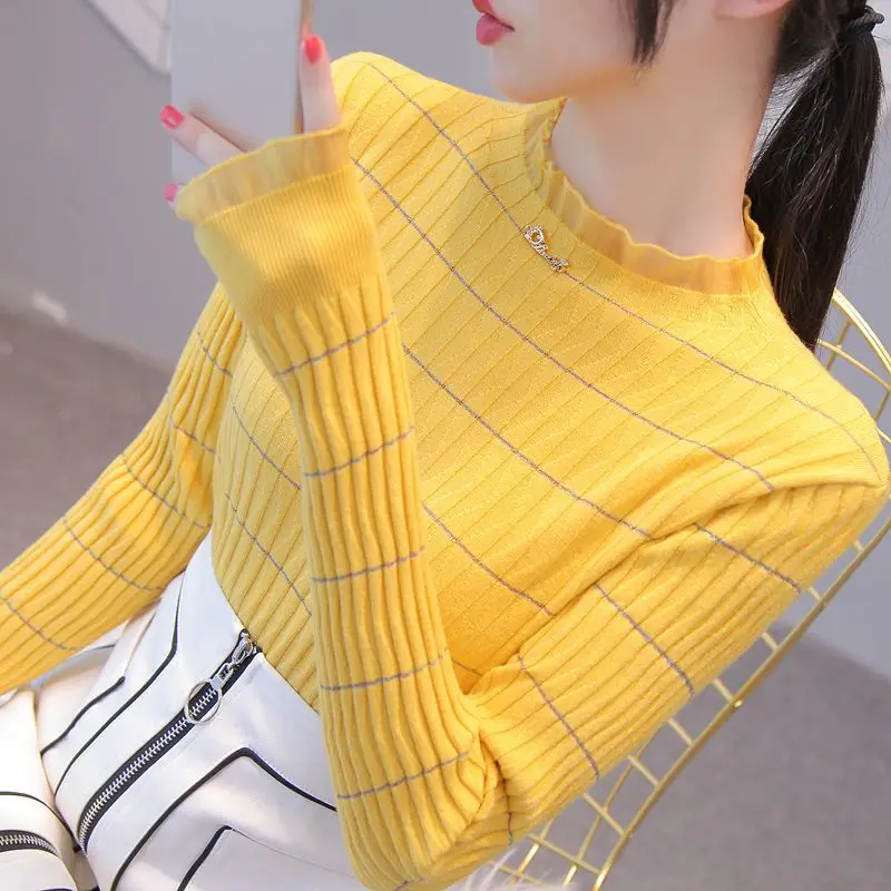 Top Women's Spring Fall Mid-Collar Long Sleeve Sweater Knit Top Slim Fit Stylish Layering Piece Base Layer New Casual Minimalist 4