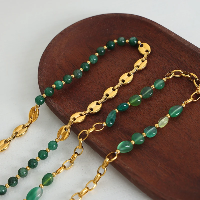 Nivora Stainless Steel Pig Nose Braided Chain Necklace For Women Green Agate Tiger\'s Eye Stone Beaded Charm Choker Women Jewelry