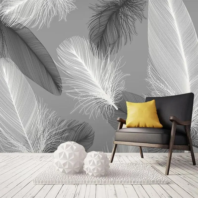 

Wellyu Custom wallpaper 3d modern Nordic black and white feather background wall living room bedroom background painting mural