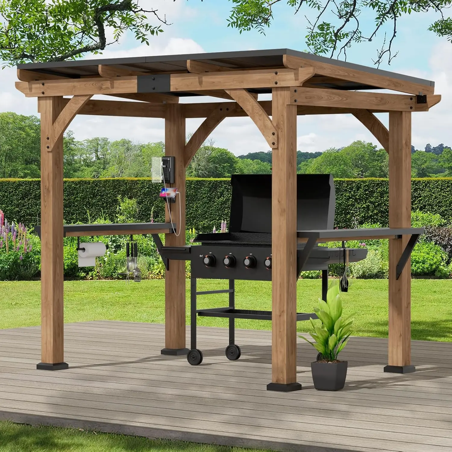 6' X 8', Patio Gazebo with Galvanized Steel Roof, USB and USB-C Charging Ports, BBQ Gazebo for Patio Backyard