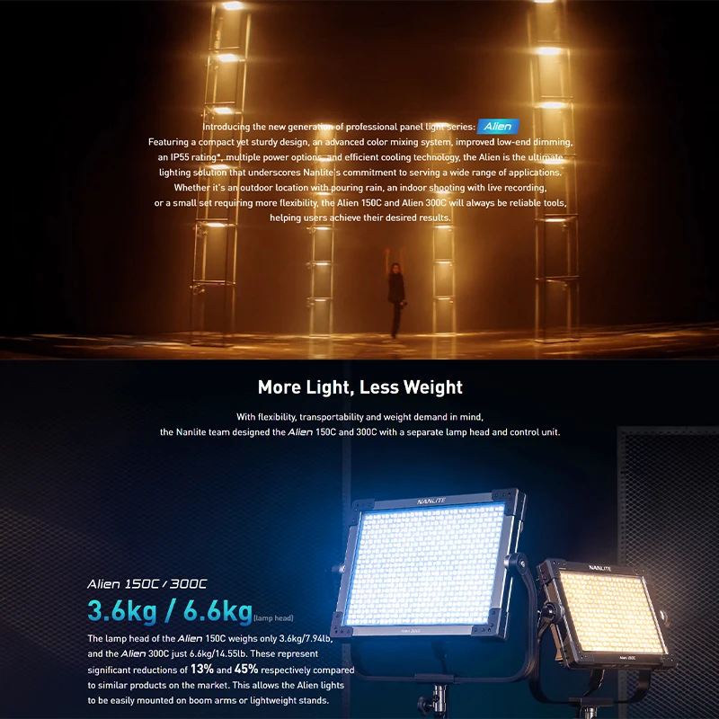Nanlite Alien 150C 300C LED Photography Panel Light 2700K-12000K RGBWW for Studio Outdoor Live Shooting Fill Light