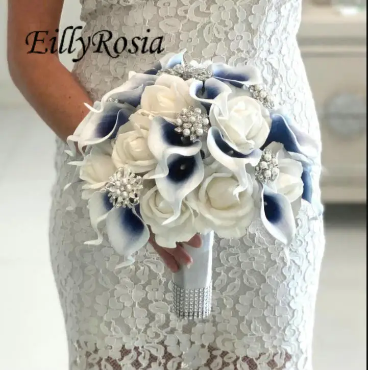 

EillyRosia Gradient White and Navy Blue Calla Lily Bridal Bouquet with Brooch Jewelry Custom Made Wedding Flowers Accessories