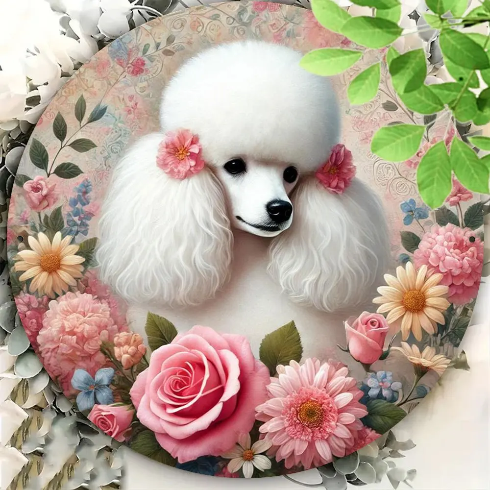 Vintage Round Aluminum Wall Sign - Elegant Poodle with Floral Design, Vibrant Retro Decor for Home, Bar, Cafe, Garage, Bathroom