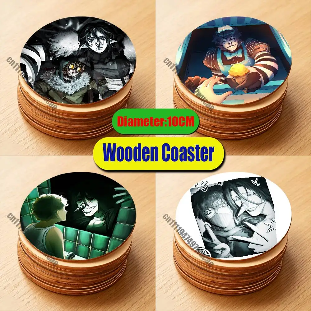 For C-Creepypasta Laughing Jack Coaster Water Coffee Tea Cup Glass Mat 10CM Wood Round Dining desk Custom