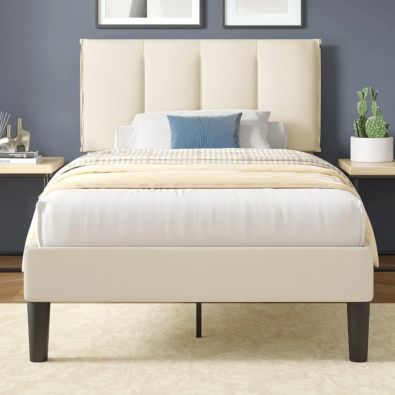 Upholstered Headboard, Heavy-Duty Platform Bedframe with Strong Wooden Slats Support, No Boxing Spring Needed, Pale Beige