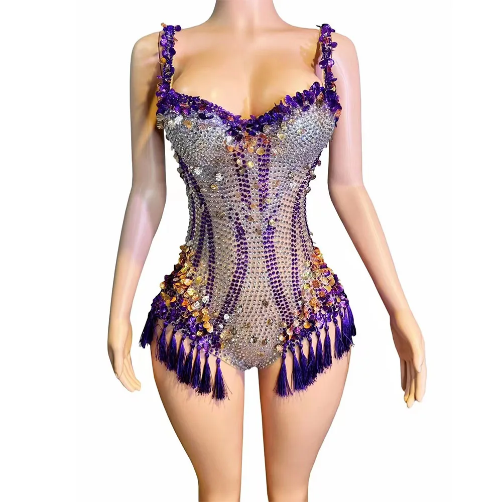 Women Sexy Sparkly Rhinestones Sequins Tassels V Neck Bodysuit Performance Dance Costume Nightclub Singer Dancer Photoshoot Gown