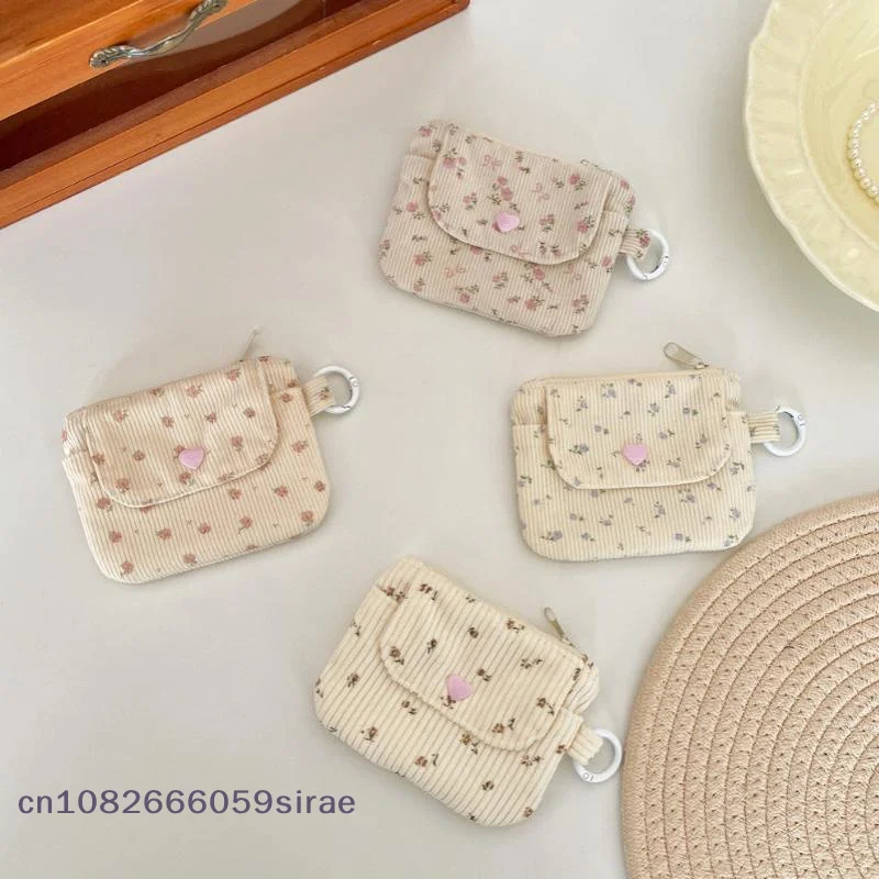 （CC44）Cute Corduroy Coin Purse With Floral Print And Heart Snap Button Perfect For Holding Coins Lipsticks Earphones Daily Use