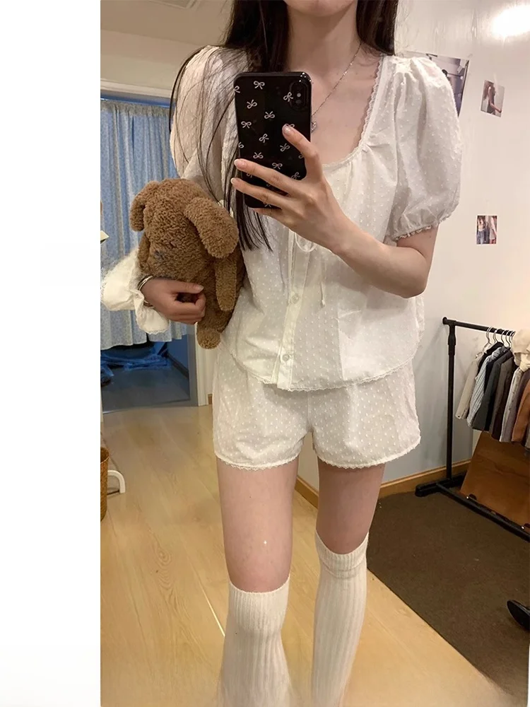 

Комплект из атласной кружевной отделки ort Sve Spwear для девочек, летняя домашняя одежда для отдыха, комплект из двух предметов с квадратным воротником