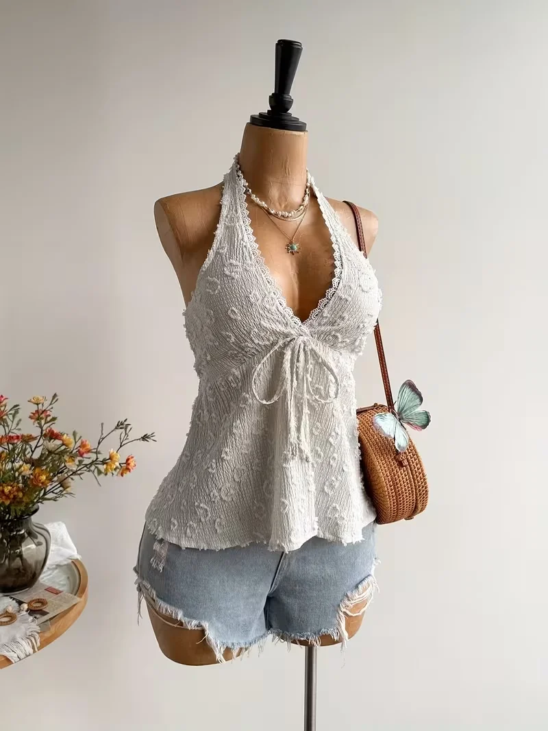 Ladies' Summer V-neck Lace Neck Strap Off Shoulder Leisure Vacation Easter Beach Wear Music Festival Top image 4