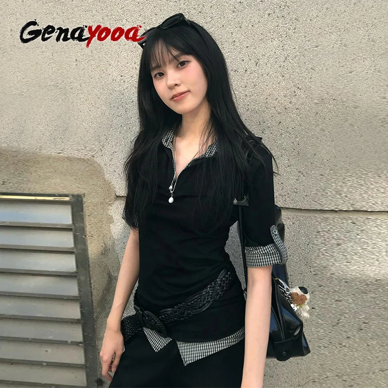 Genayooa Women's Patchwork Retro Shirt Y2K Casual Top