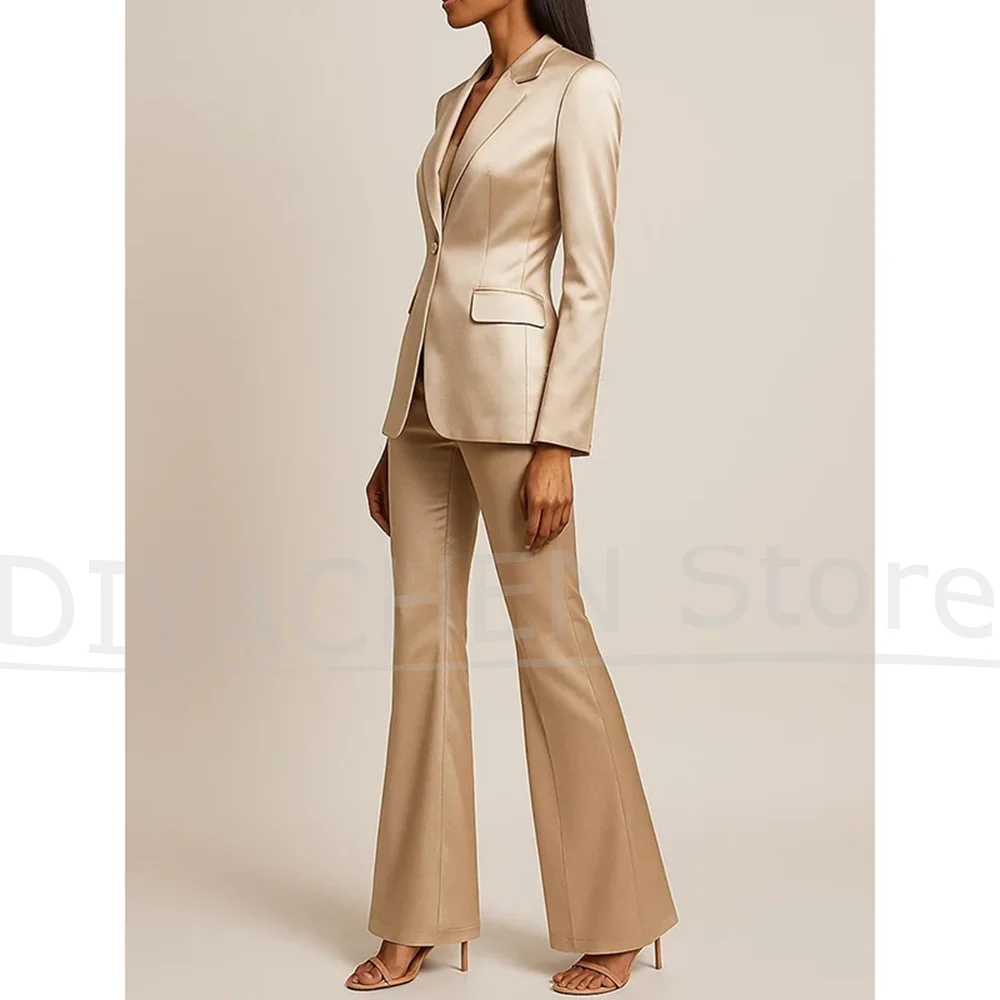 طقم بدلة نسائية من الساتان سترة أنيقة بلون الشمبانيا وسراويل واسعة مكونة من قطعتين ملابس حفلات المكتب بقصة ضيقة فاخرة لامعة على الموضة