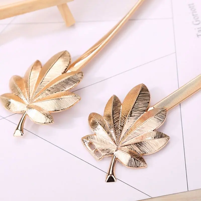 57BD Women Bridal Skinny Waistband Maple Leaf Metal Buckle Glitter Solid Color