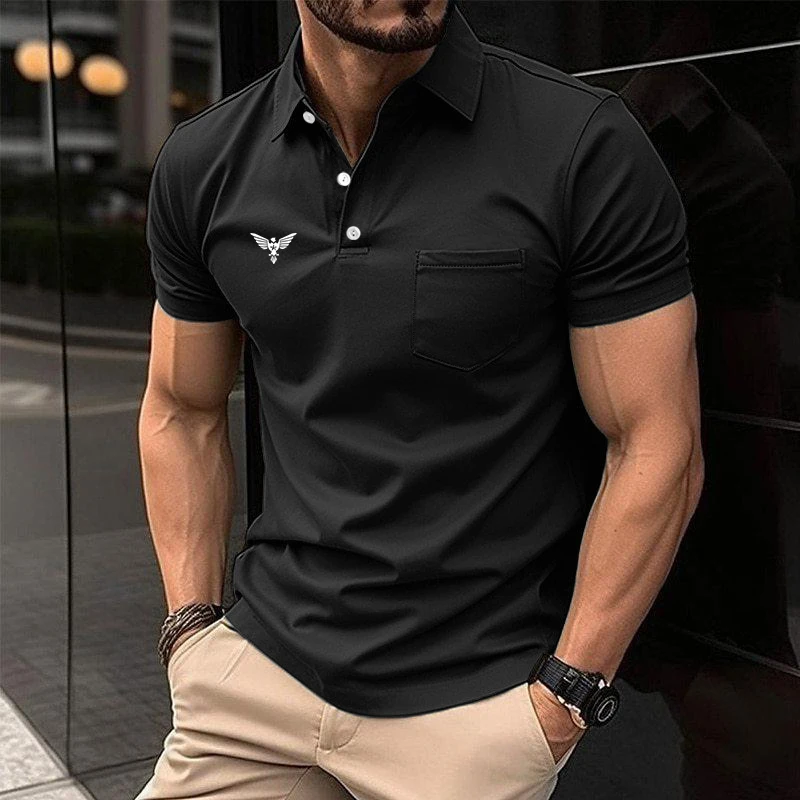 100% Polyester Men Summer Short Sleeve Casual Polo Shirt Men Slim Fit Sport Pocket Stitching Polo Shirt Men Turn-down Collar Top