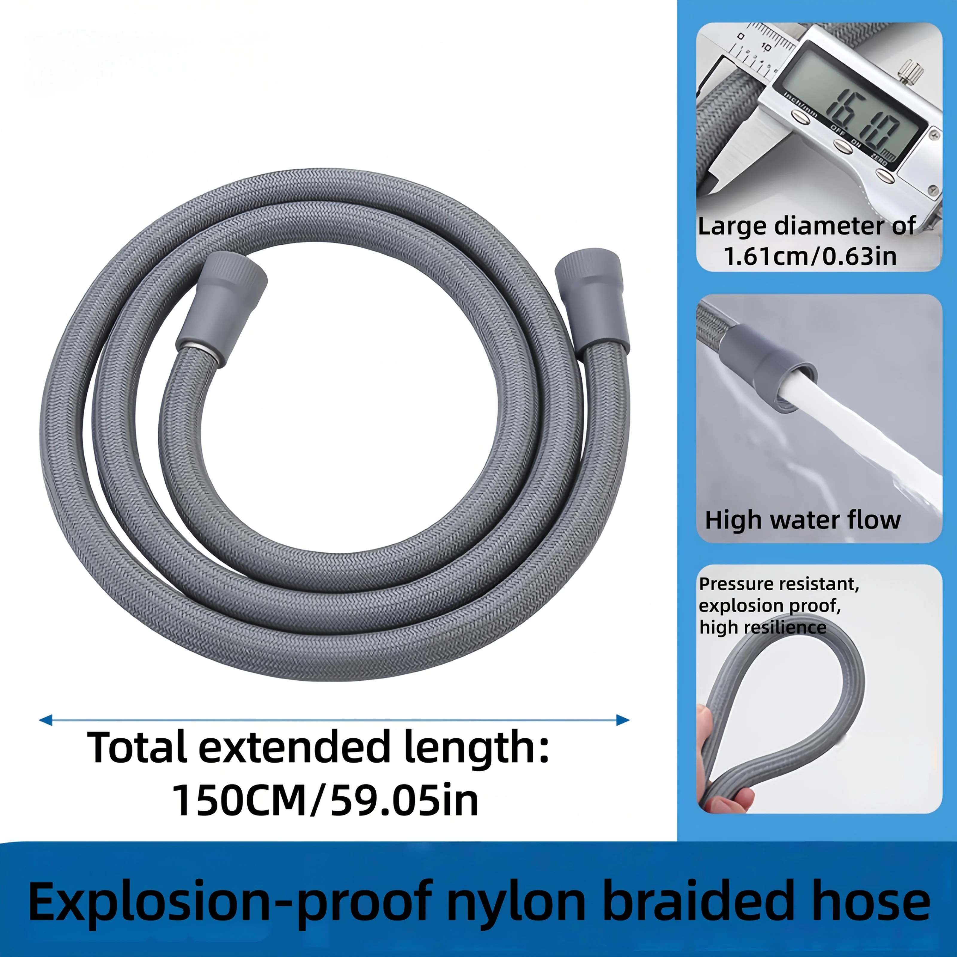 Nylon Braided Shower Hose 59in, Extra Long Flexible Hose with ABS Connectors, Leak Proof High Pressure Anti-Burst for Hotel Home