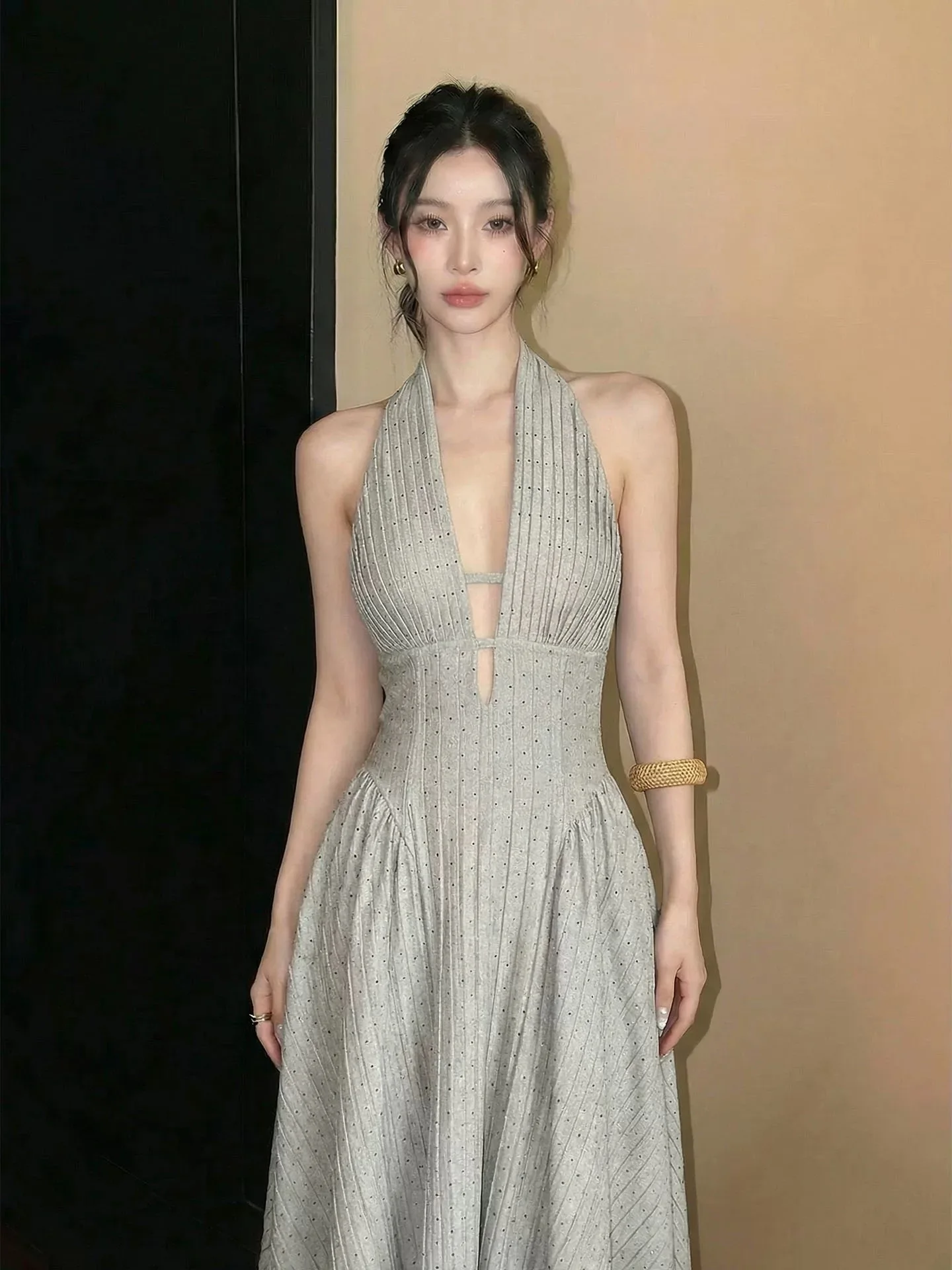 

Сексуальное облегающее длинное вечернее платье с V-образным вырезом и завышенной талией из полиэстера для торжественных мероприятий