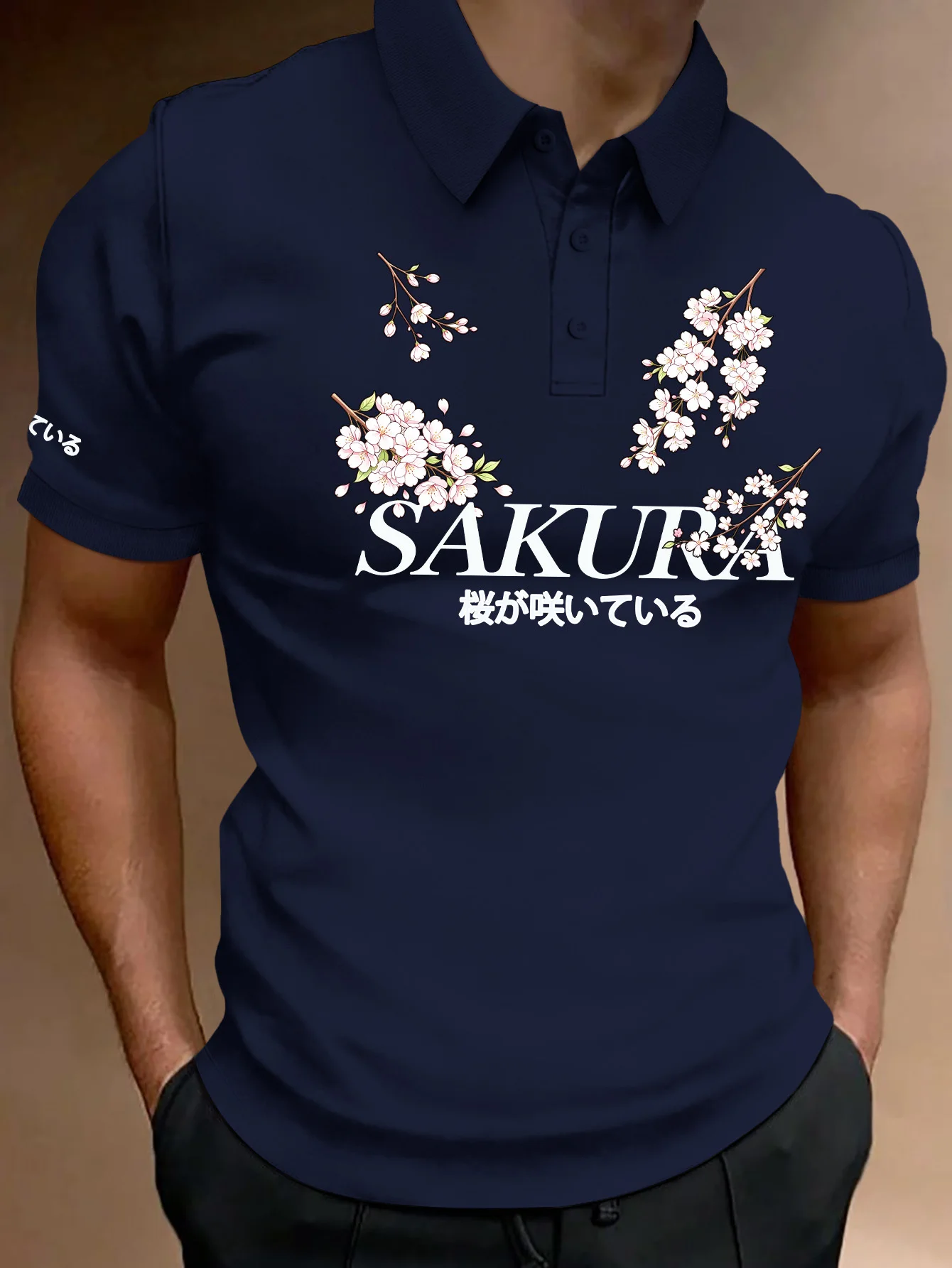 Japanese style men's trendy short sleeved Polo, cherry blossom pattern combined with Japanese printed casual business outfit