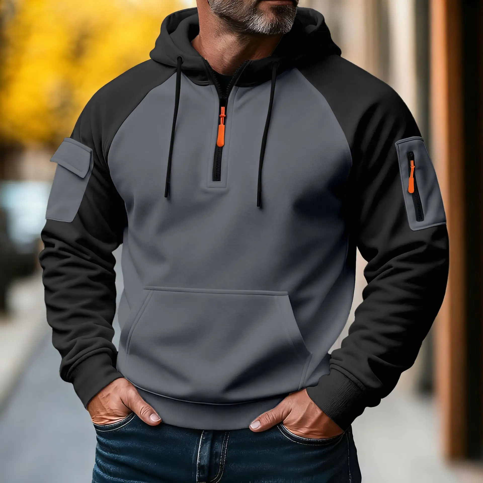

Spring and Autumn Men's Fashionable workwear casual sporty zipper long-sleeved hooded pullover with multiple pockets