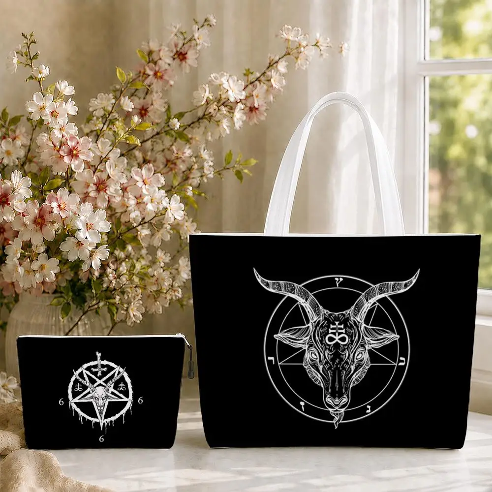 P-Pentagram 666 Demonic S-Satanic Storage Bags 2PC Canvas Tote Bag Set with Zipper Handbags Makeup Pouch Set Shopping Travel Bag