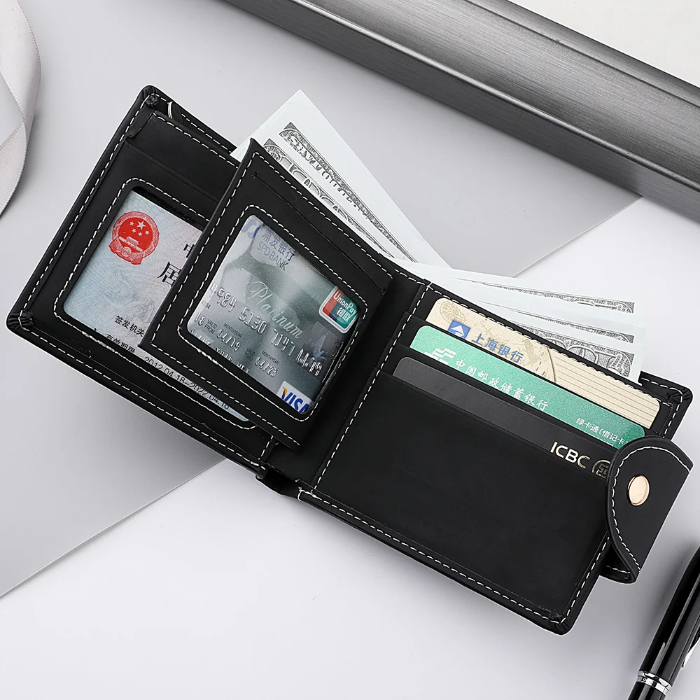 Portafoglio corto da uomo con tasca portamonete con cerniera in metallo con aquila Slot per foto trasparente a 3 pieghe Porta carte di credito con slot multipli