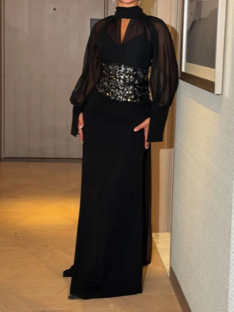 Outono inverno nova cor sólida chiffon vestido elegante oco para fora manga longa vestido de noite temperamento oco para fora vestidos de lantejoulas