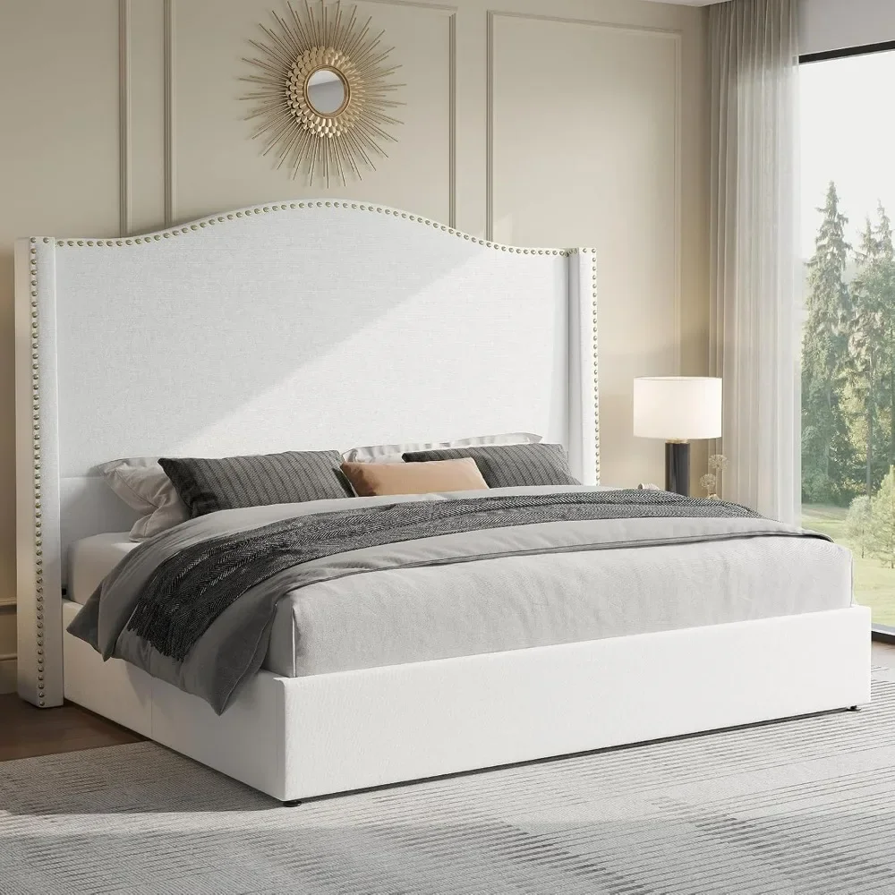 Lift Up Storage Bed, Upholstered Bed Frame Tall Headboard with Wingback, Hydraulic Lifting Underneath, Bedroom Furniture Bed