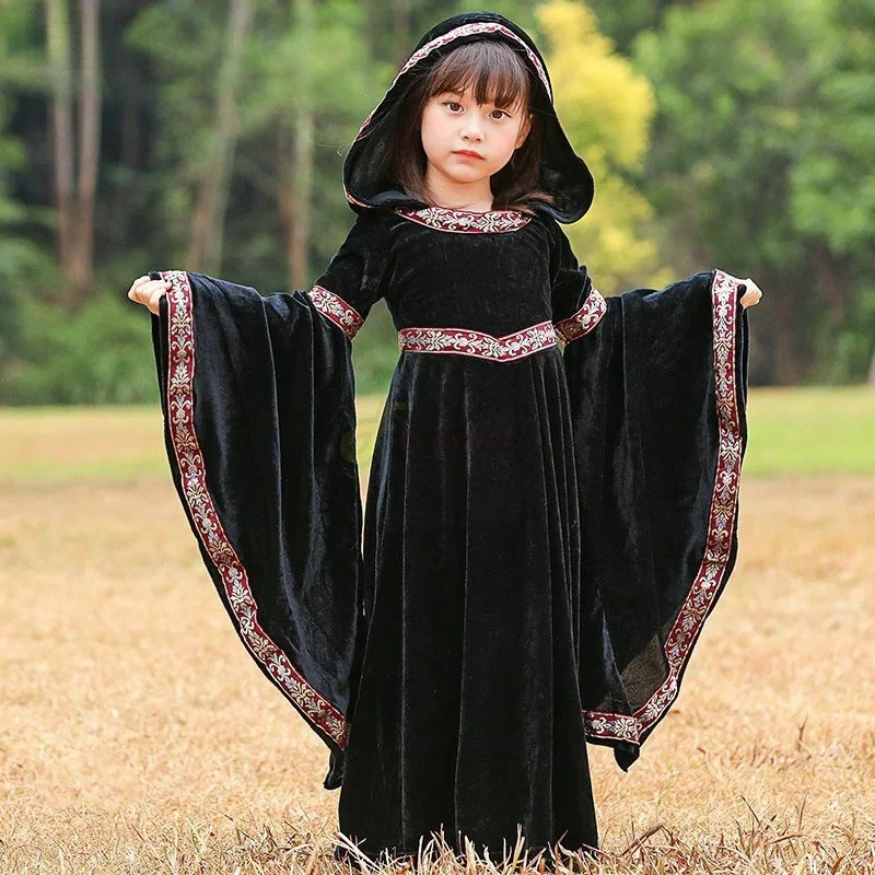 Mittelalterliches viktorianisches Kleid für Frauen Steampunk Flare Sleeve Hexe Robe Cosplay Gothic Kostüm Weinrote Kapuze Langes Kleid Vestidos